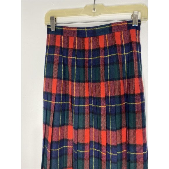 PRESWICK & MOORE Wool Plaid Pleated Skirt Sz 4 Red Green Midi Made Scotland - Picture 2 of 5